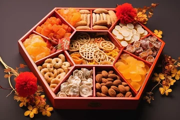 Foto op Aluminium Traditional snack and desserts in chinese new year day, Snack box fruit, Local snack in china for celebrate celebration © Wuttichaik