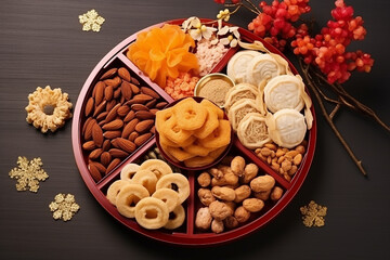 Traditional snack and desserts in chinese new year day, Snack box fruit, Local snack in china for celebrate celebration