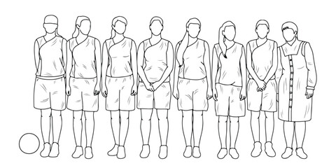 Hand drawn sketch of female basketball player athletes silhouettes, basketball, isolated vector