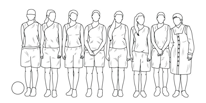 Hand drawn sketch of female basketball player athletes silhouettes, basketball, isolated vector