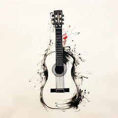 Traditional Chinese Brush-Inspired Cartoon Ink Drawing of a Guitar with Bold Black Lines and Minimal Colors
