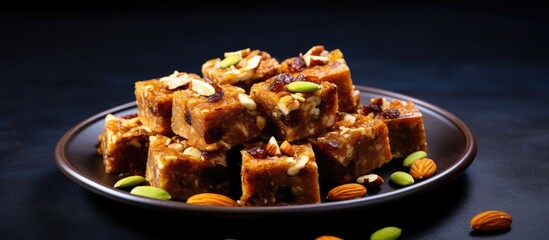 Date and dry fruit burfi made with a variety of nuts and seeds are high in dietary fiber, proteins, and vitamins.
