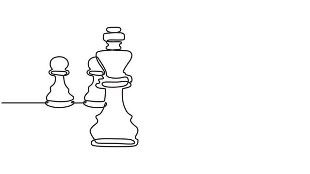 Continuous one-line animated video of chess figures moving in a game. strategy, management or leadership concept. chess game in moving line animation