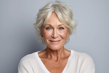 elegant older woman in white, short hairstyle, light background, dramatic lighting, ai-generated image