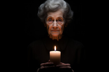 elegant older woman in black holding a candle, short hairstyle, dark background, dramatic lighting, ai-generated image