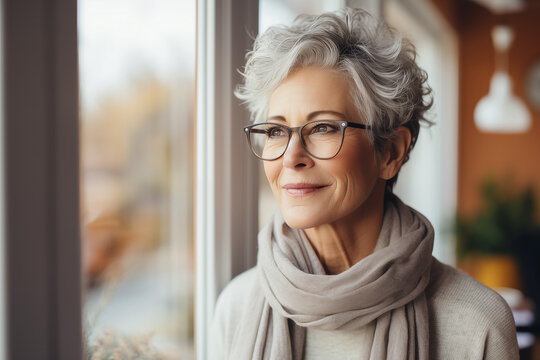 elegant older woman in white, short hairstyle, light background, dramatic lighting, ai-generated image