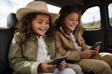 Joyful kids enjoying their time with a smartphone while sitting in the back seat of a car