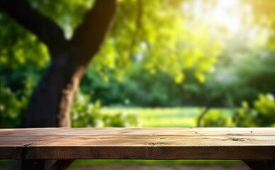 Fototapeta premium Rustic wooden table in nature. Blank board for summer and spring creations surrounded by greenery and bathed in sunlight