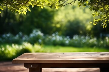 Naklejka premium Rustic wooden table in nature. Blank board for summer and spring creations surrounded by greenery and bathed in sunlight