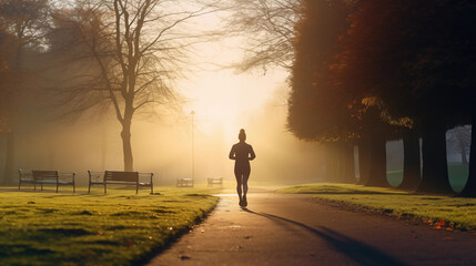 A person jogging in the park at dawn, morning routine, blurred background, with copy space