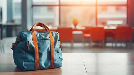 Packing a bag for work or school, morning routine, blurred background, with copy space