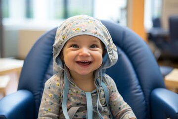 An adorable baby undergoes cancer treatment in a hospital. The brave toddler smiles and plays with toys, he does not give up and is confident of victory over the terrible disease. - obrazy, fototapety, plakaty