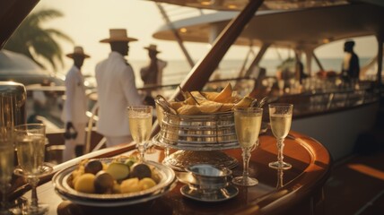 Restaurant on the ship with sea view. A serving table on a pleasure boat with glasses of champagne...