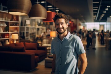 A handsome businessman, entrepreneur, interior designer, sales manager in a casual blue shirt, smiling at the camera, standing at his workplace in a designer furniture store. - obrazy, fototapety, plakaty