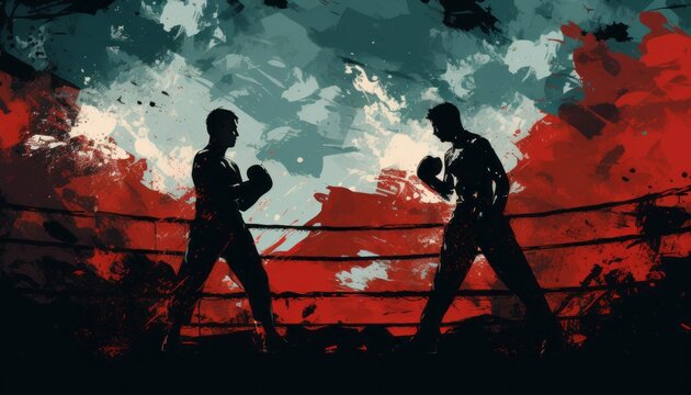 A street art style drawing of boxing match between two fighters in the ring. Realistic image of athletes with muscular naked torso wearing boxing gloves. Dark red and black grunge tones.