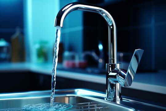 Close-up Of Modern Chrome Kitchen Faucet With Running Water, Acrylic Stone Countertop, Stainless Steel Built-in Sink Against The Background Of Black Tile Backsplash And Large Window.