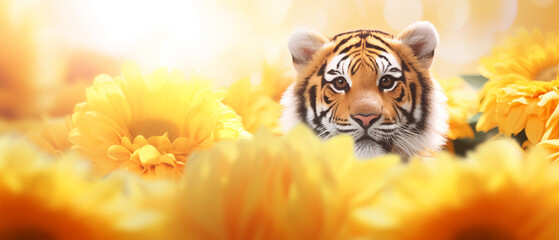 tigre e flores amarelas com luz amarela no fundo - Papel de parede - obrazy, fototapety, plakaty
