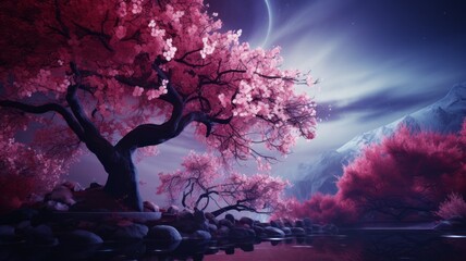 A futuristic tree with pink flowers near the water on a background of rose bushes , blue sky with white streaks , snowy mountains . Copy space . - Powered by Adobe