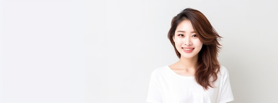 Backdrop of a young smiling happy woman, copy space