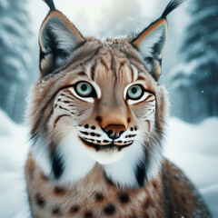 Obraz premium Beautiful portrait of a lynx in the winter forest.