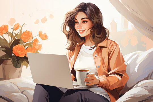 A smiling young woman enjoys her morning coffee on her laptop while sitting at home on the couch. 
