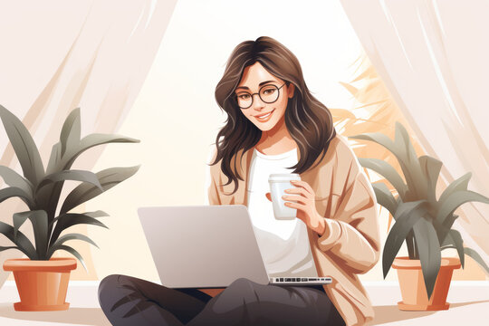 A smiling young woman with glasses enjoys morning coffee on her laptop while sitting at home on the couch. 