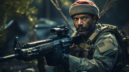 Fototapeta premium A close-up portrait of a brave soldier in protective combat uniform, wearing a helmet, with a rifle in his hands, calmly and resolutely looking into the camera lens. A brave soldier with a weapon in