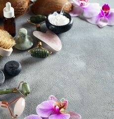 Obraz na płótnie Canvas Guasha massage tools and aroma oils, spa concept