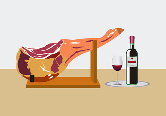 Pata de jamón ibérico o serrano sobre un jamonero y una botella de vino tinto con una copa. Alimentos y bebidas. Lux. Piscolabis. Gastronomía