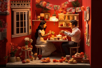 "Love Under the Mistletoe: Couple Admiring Christmas Gifts and Decorations"