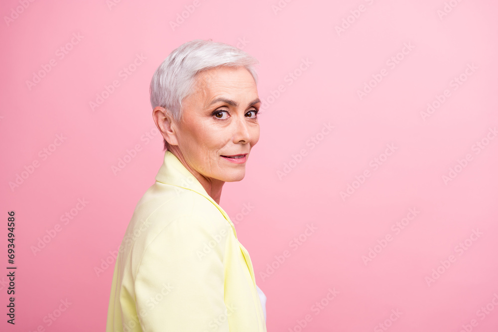 Sticker close up portrait of beautiful businesswoman in yellow jacket posing when someone calls her in offic