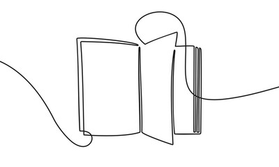 Continuous one line drawing of an open book with page turning. Single line art illustration on the theme of reading, education and learning on transparent background - obrazy, fototapety, plakaty