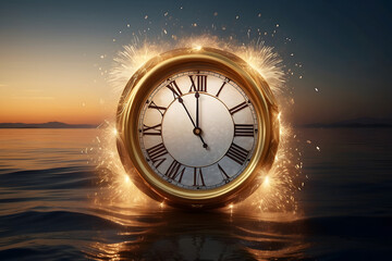  New Year's Eve, New Year, with fireworks at a clock on a lake.