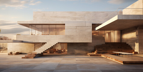 Building exterior with concrete walls architecture, modern house in the evening, view from the top...