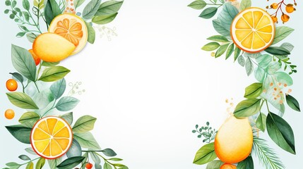 Watercolor citrus border with oranges and leaves - obrazy, fototapety, plakaty