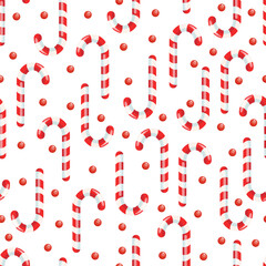 Festive vector pattern with candy cane and berries on a white background
