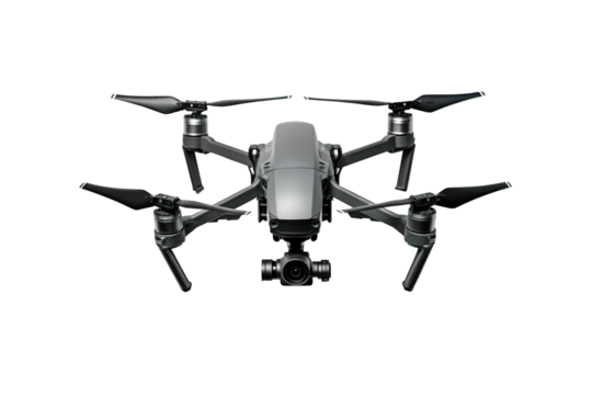 Front view of flying drone with rotating blades isolated on transparent background