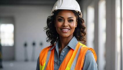 Black female construction site manager smiles in a safety vest and helmet, against an industrial backdrop. - obrazy, fototapety, plakaty