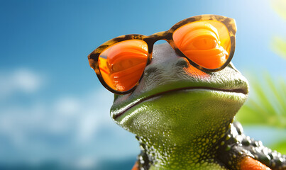 Happy frog wearing sunglass for a commercial advertisement image - obrazy, fototapety, plakaty