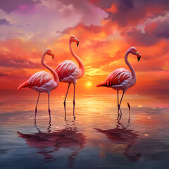 Flamingos gracefully standing in shallow water against a sunset sky