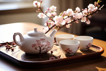 Tea Set with Blossoms: A traditional Chinese tea set surrounded by blossoming flowers, symbolizing the tranquility and harmony of the New Year. Chinese New Year, Symbols