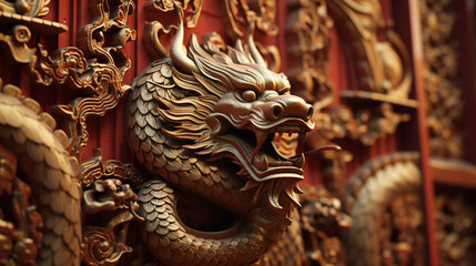 Fototapeta na wymiar Dragon Guardian of Temple Gates: A dragon intricately carved into the gates of a traditional Chinese temple, symbolizing protection and prosperity. Background, Chinese dragon,
