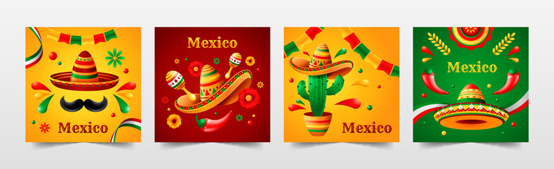 Mexican hat cards set with chilli and decorative elements on colorful background