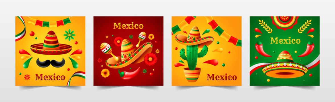 Mexican hat cards set with chilli and decorative elements on colorful background