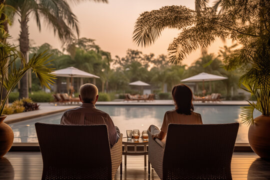 Couple enjoying beach vacation holiday at tropical resort seating on deck chairs pool side with coconut palm trees near the coast with beautiful landscape.