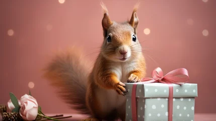 Schilderijen op glas Red squirrel with gift box and flowers on pink bokeh background © Petrova-Apostolova