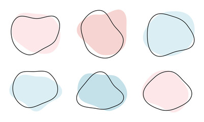 Organic amoeba blob shape abstract pink blue color with line vector illustration isolated on transparent background. Set of irregular round blot form graphic element. Doodle drops with outline circle - obrazy, fototapety, plakaty