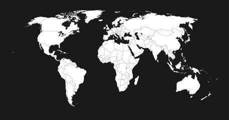 Detailed white world map on black background. Vector illustration.