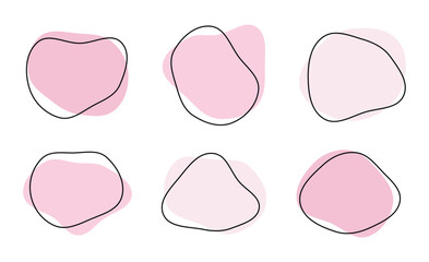 Organic amoeba blob shape abstract pink color with line vector illustration isolated on transparent background. Set of irregular round blot form graphic element. Doodle drops with outline circle - obrazy, fototapety, plakaty
