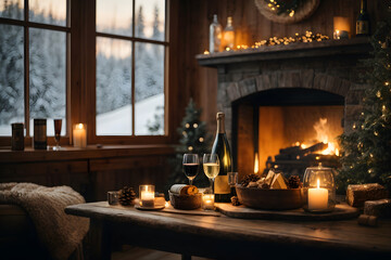  New Year's Eve, New Year, two glasses of champagne on a table in front of a fireplace in a festive atmosphere.